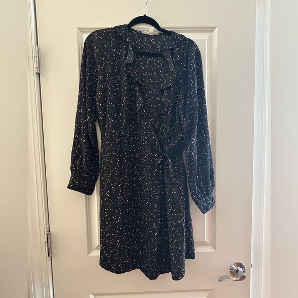 Popsugar Black Multi Stars Print Ruffle Long Sleeve Knee Length Wrap Dress XL - Picture 2 of 4